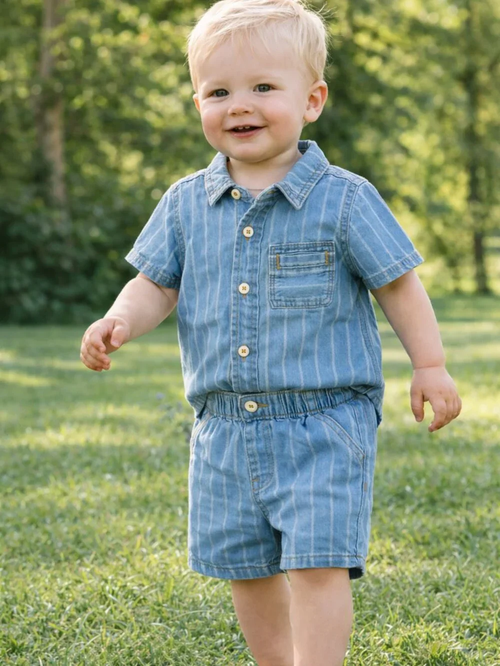 NWT Cat & Jack Toddler Boys Striped Denim Set 2PC Shirt & Shorts Blue Cotton - Picture 2 of 3